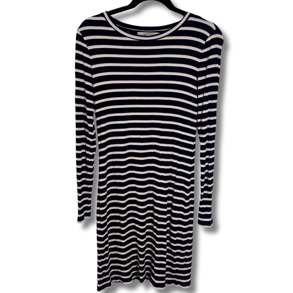 Loft (4) Longsleeve Black, White + Pink Striped Ribbed Knit Knee Length Dress